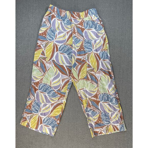 C&C Linen Pants Tropical Leaf Print Pull On Coastal Beach Resortwear Size Large - Picture 1 of 9